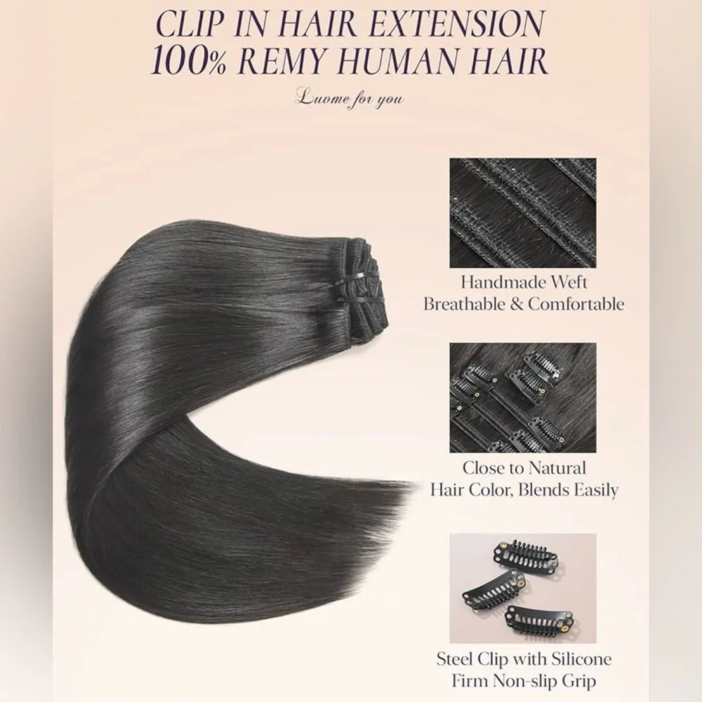 LUVME Natural Black Remy Human Hair 18 Inch Clip In Hair Extensions